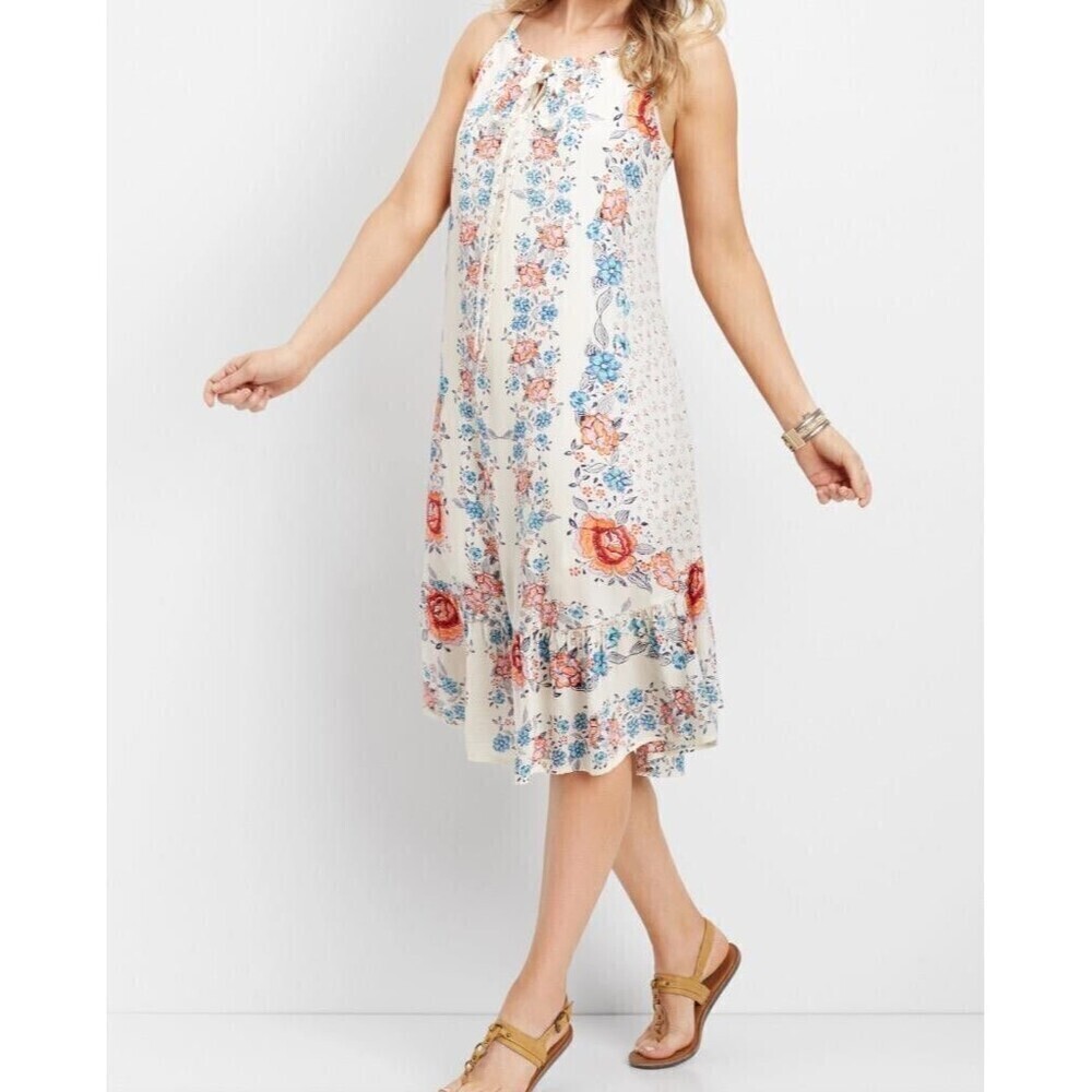 maurices boho dresses Dress Women L Ivory Multi Rayon Floral Sleeveless Ruffle Midi Shift Twill Lucia Pinup Fashion Navy Blue Fit:Wide